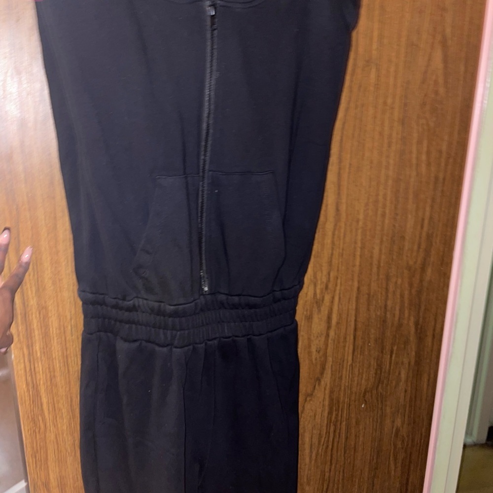 Black Sleeveless Jumpsuit with Hood & Shoulder Pads
